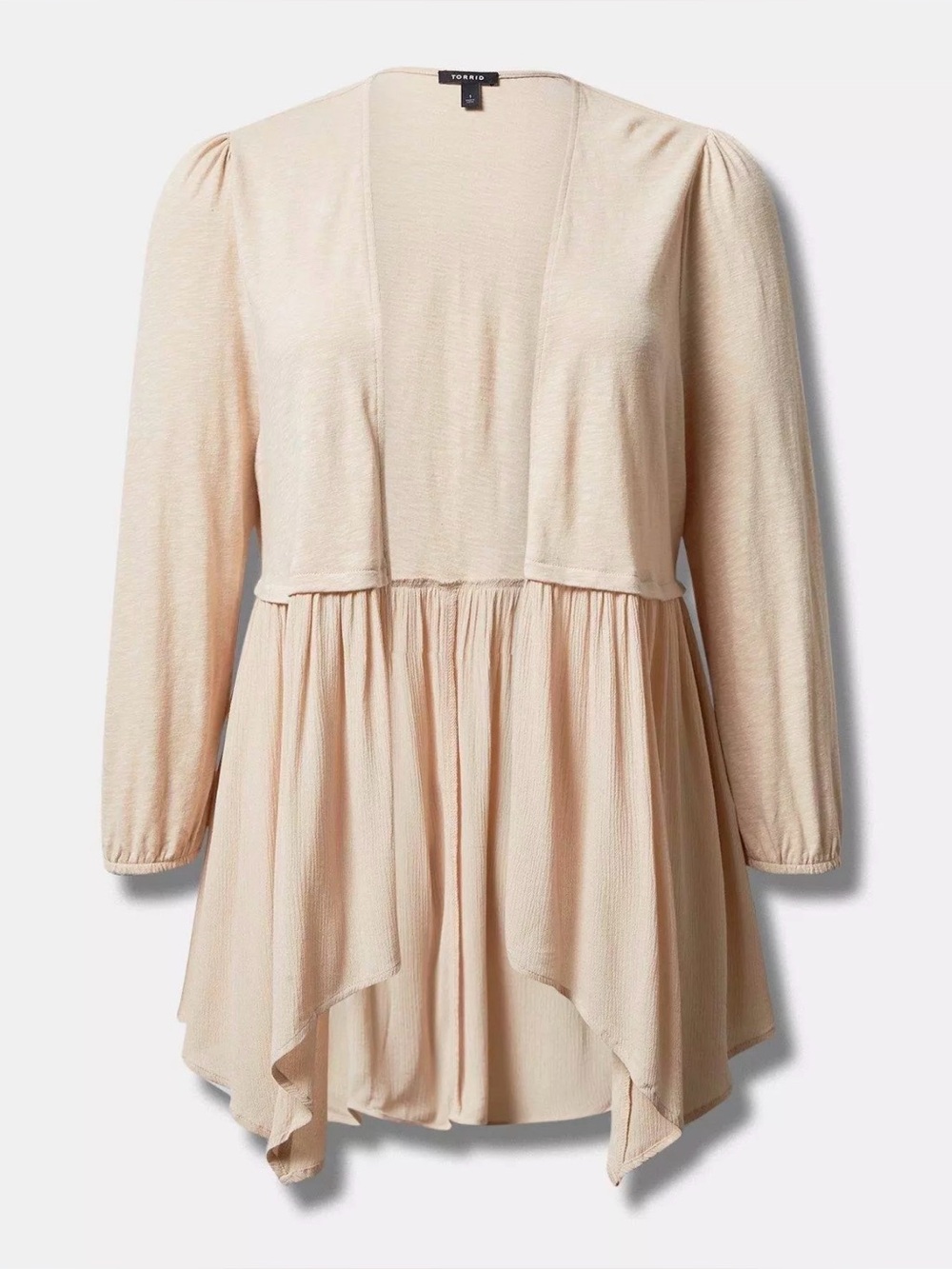 NWT Torrid 2X Mixed Fabric Hanky Hem Neutral Boho Kimono Open-Front Cardigan